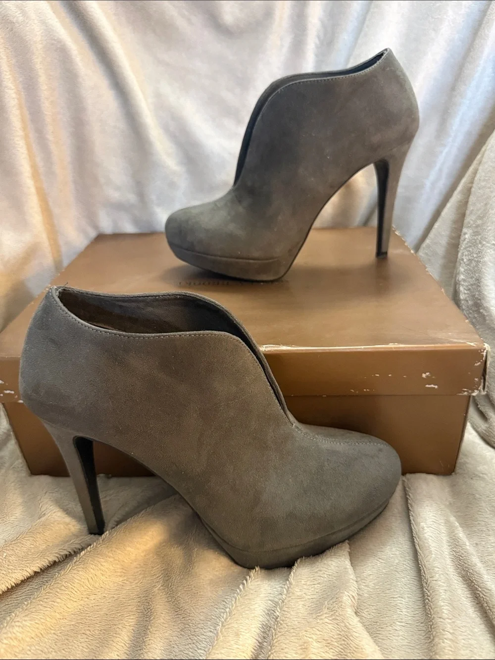 Audrey Brooke Gray Suede V-Cut Ankle Booties